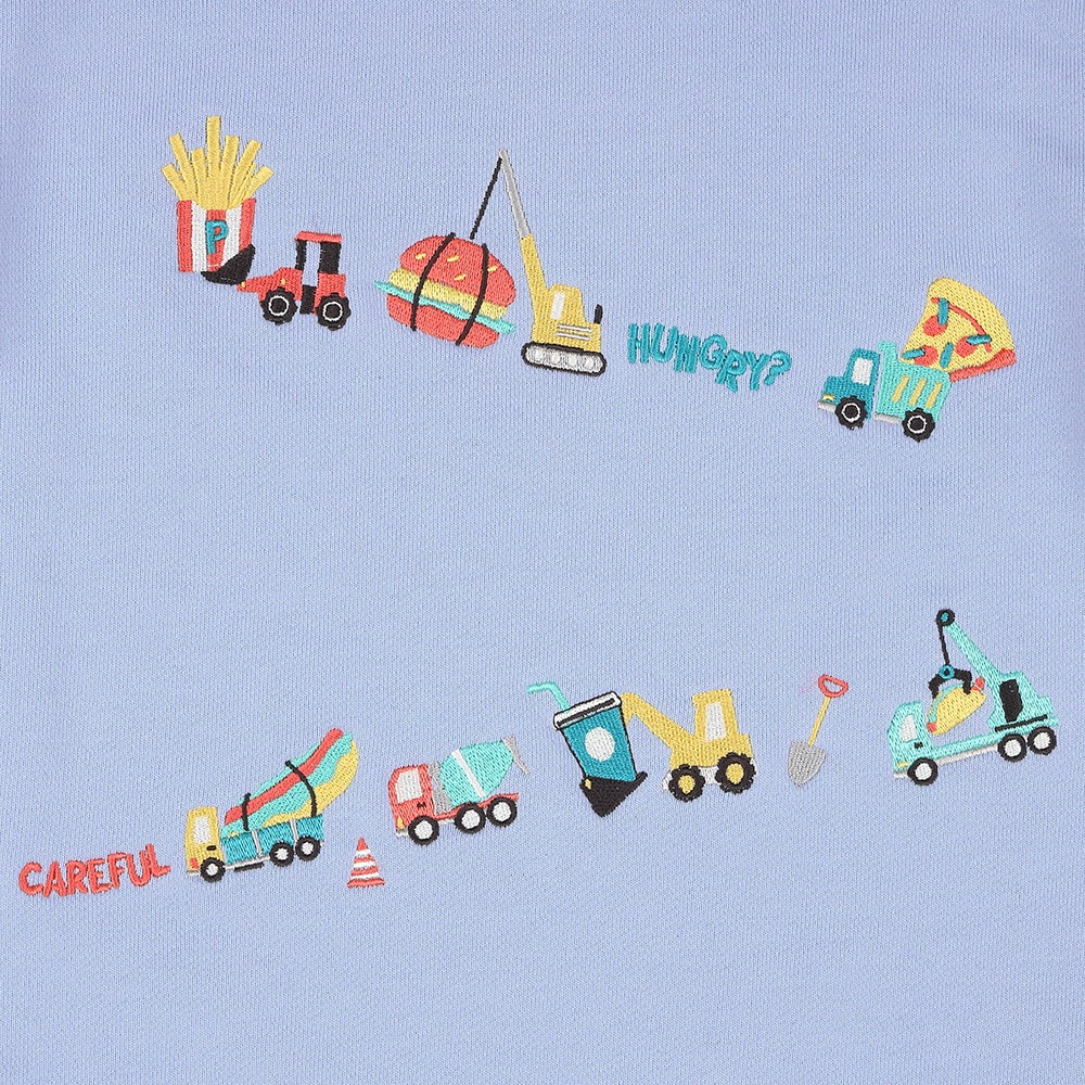 はたらく車 ショベルカー ハンバーガー ロゴ刺繍 乗り物 裏毛トレーナー Blue Design point 1
