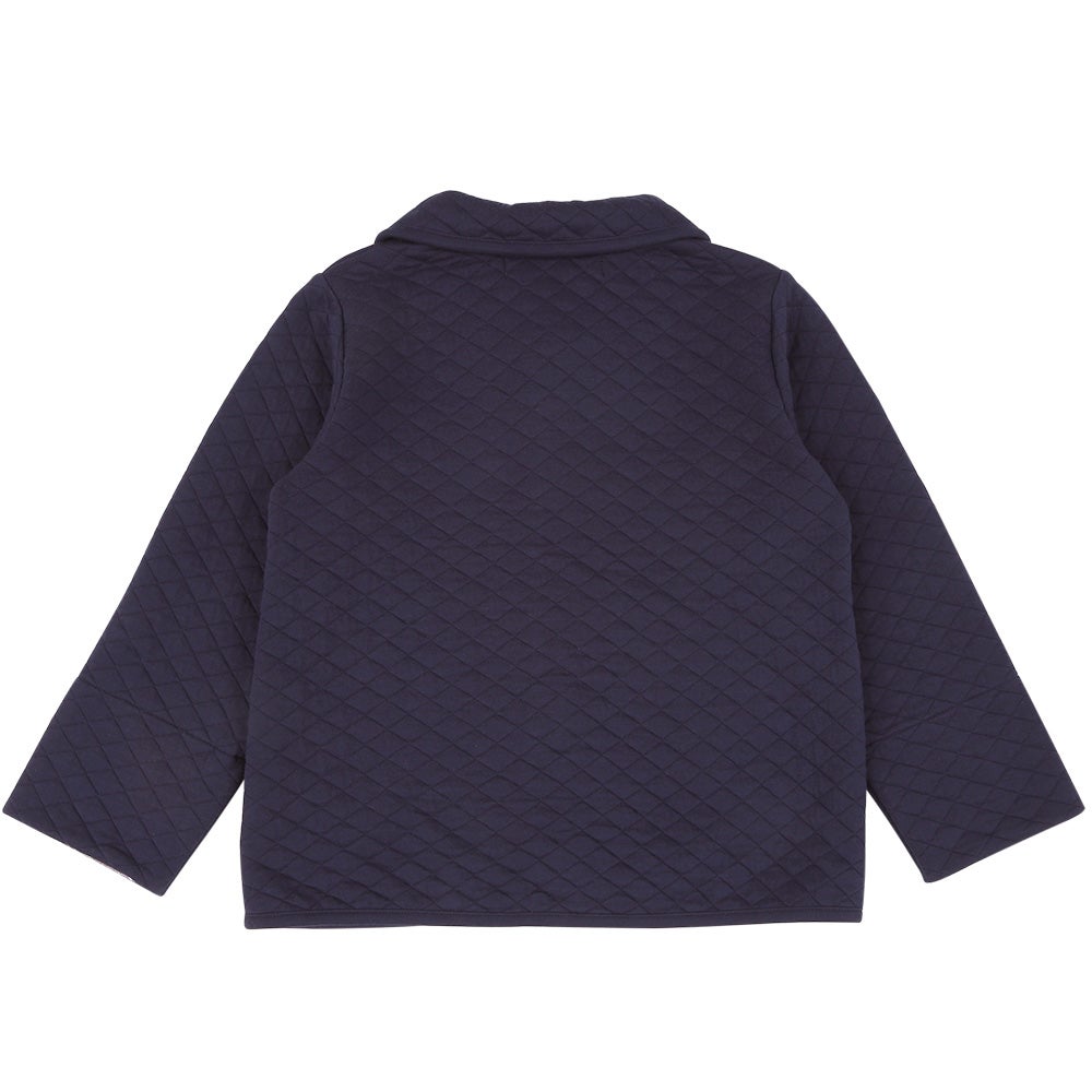 音符刺繍 花柄切替え 襟つき キルトニットジャケット Navy back