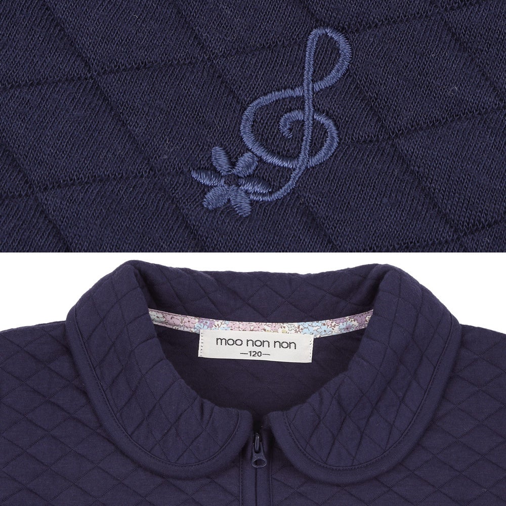 音符刺繍 花柄切替え 襟つき キルトニットジャケット Navy Design point 1