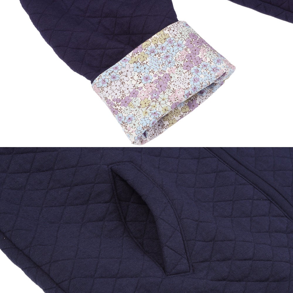 音符刺繍 花柄切替え 襟つき キルトニットジャケット Navy Design point 2