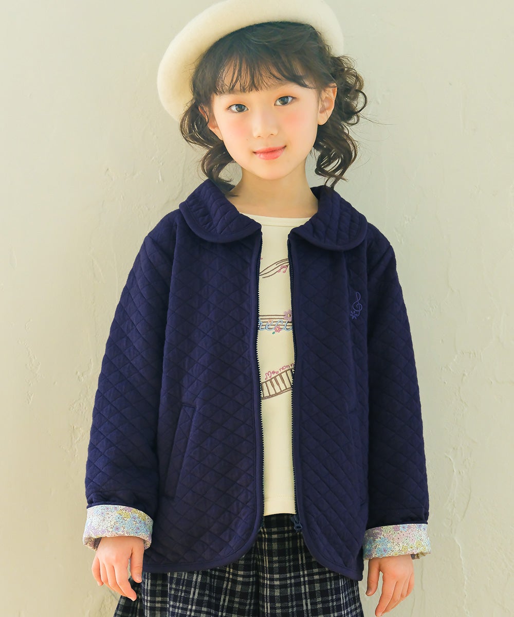 音符刺繍 花柄切替え 襟つき キルトニットジャケット Navy model image up