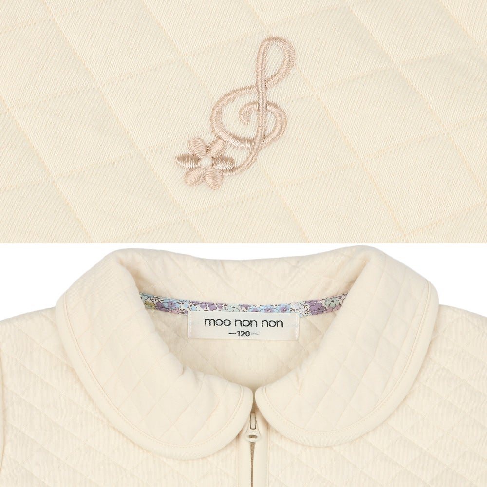 音符刺繍 花柄切替え 襟つき キルトニットジャケット Ivory Design point 1