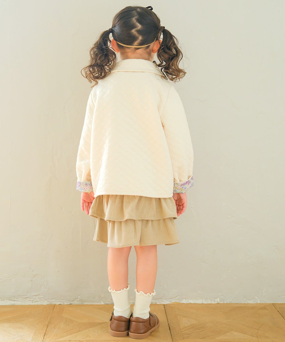 音符刺繍 花柄切替え 襟つき キルトニットジャケット Ivory model image 3