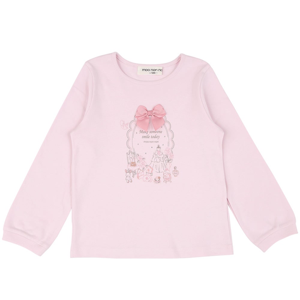 綿100％ リボンつきドレスミラープリント Tシャツ Pink front