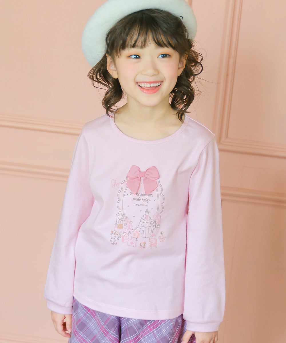 綿100％ リボンつきドレスミラープリント Tシャツ Pink model image up