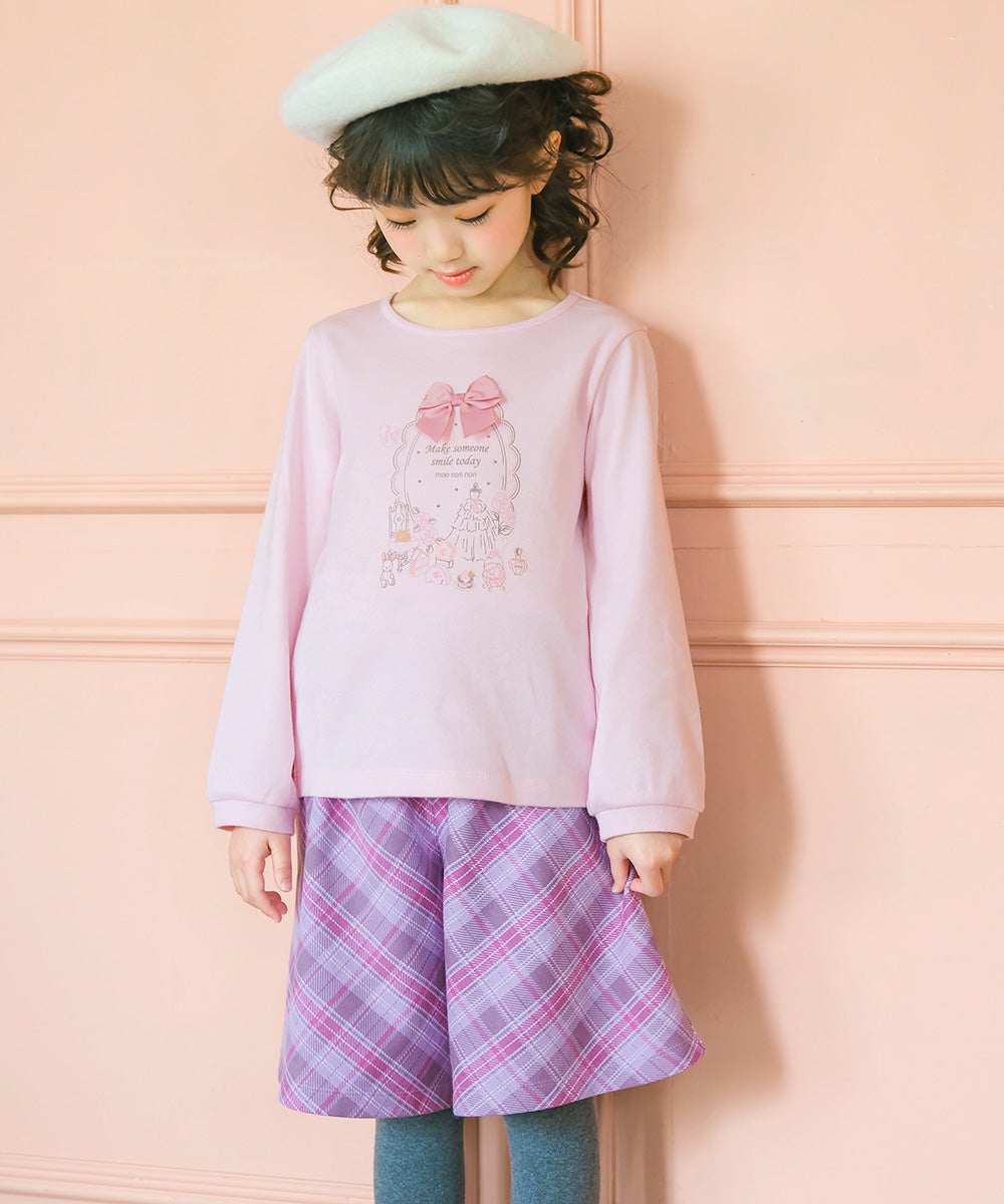 綿100％ リボンつきドレスミラープリント Tシャツ Pink model image whole body