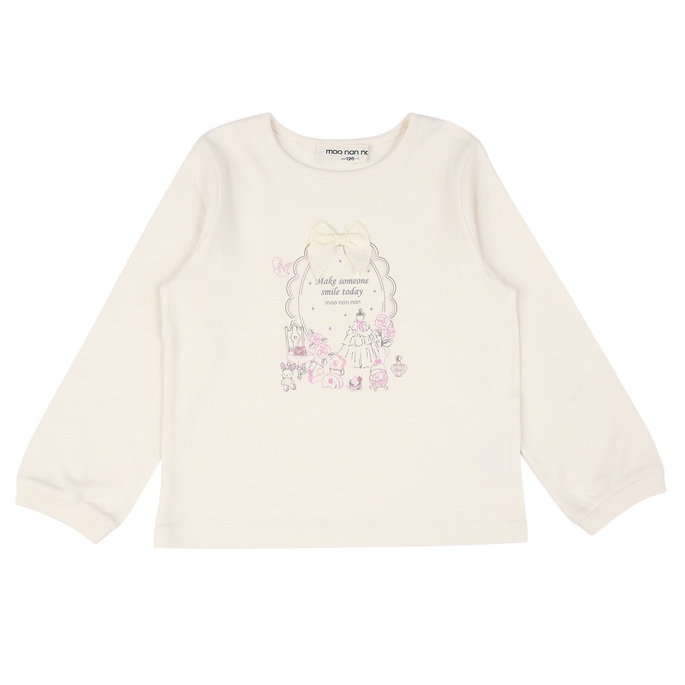 綿100％ リボンつきドレスミラープリント Tシャツ Off White front