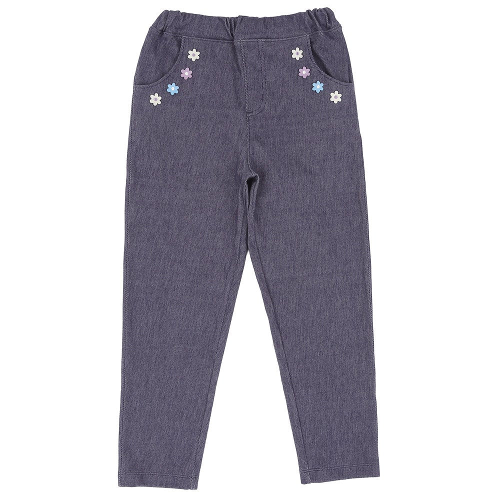 お花モチーフ ポケットつき ストレッチ デニムツイルパンツ Navy front