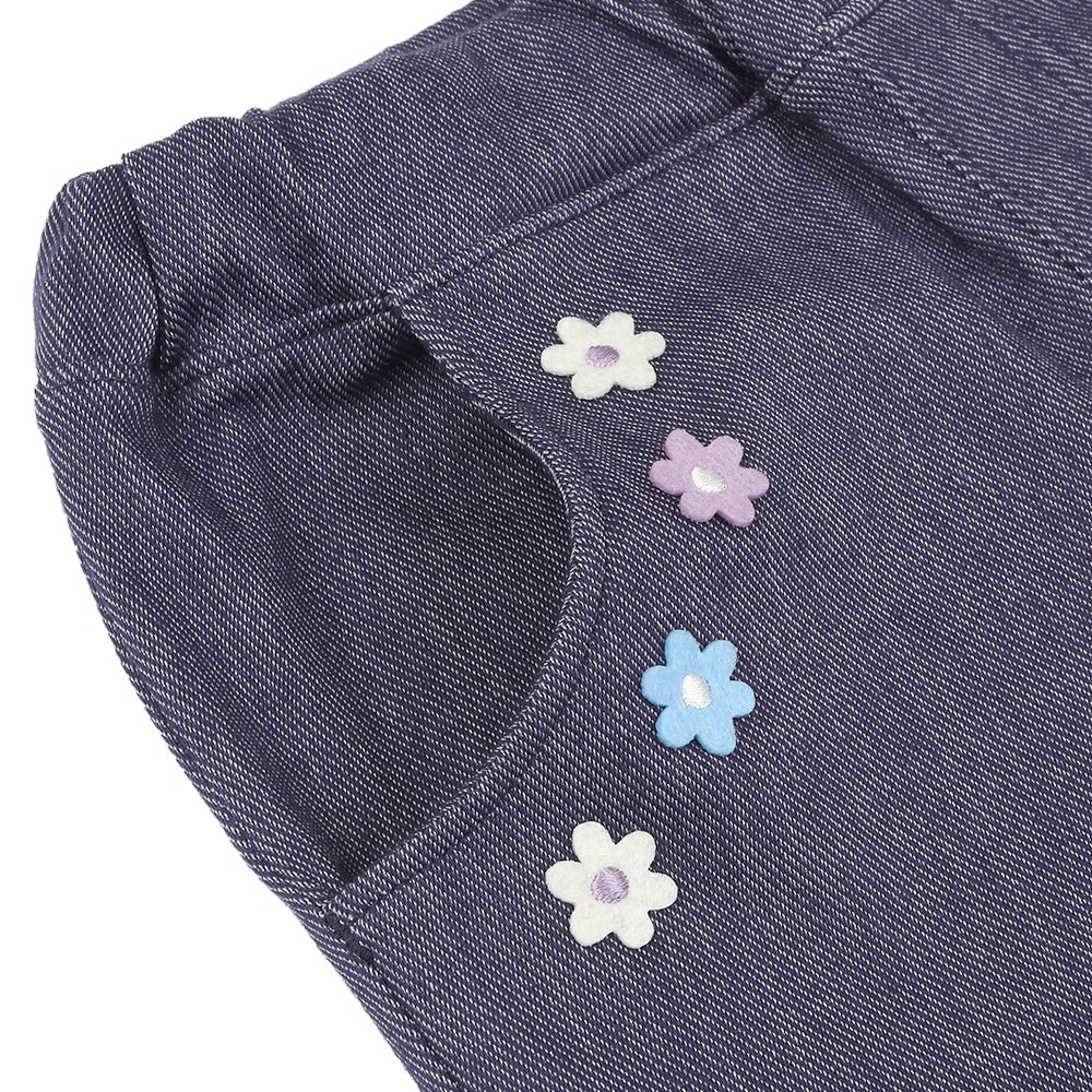 お花モチーフ ポケットつき ストレッチ デニムツイルパンツ Navy Design point 1