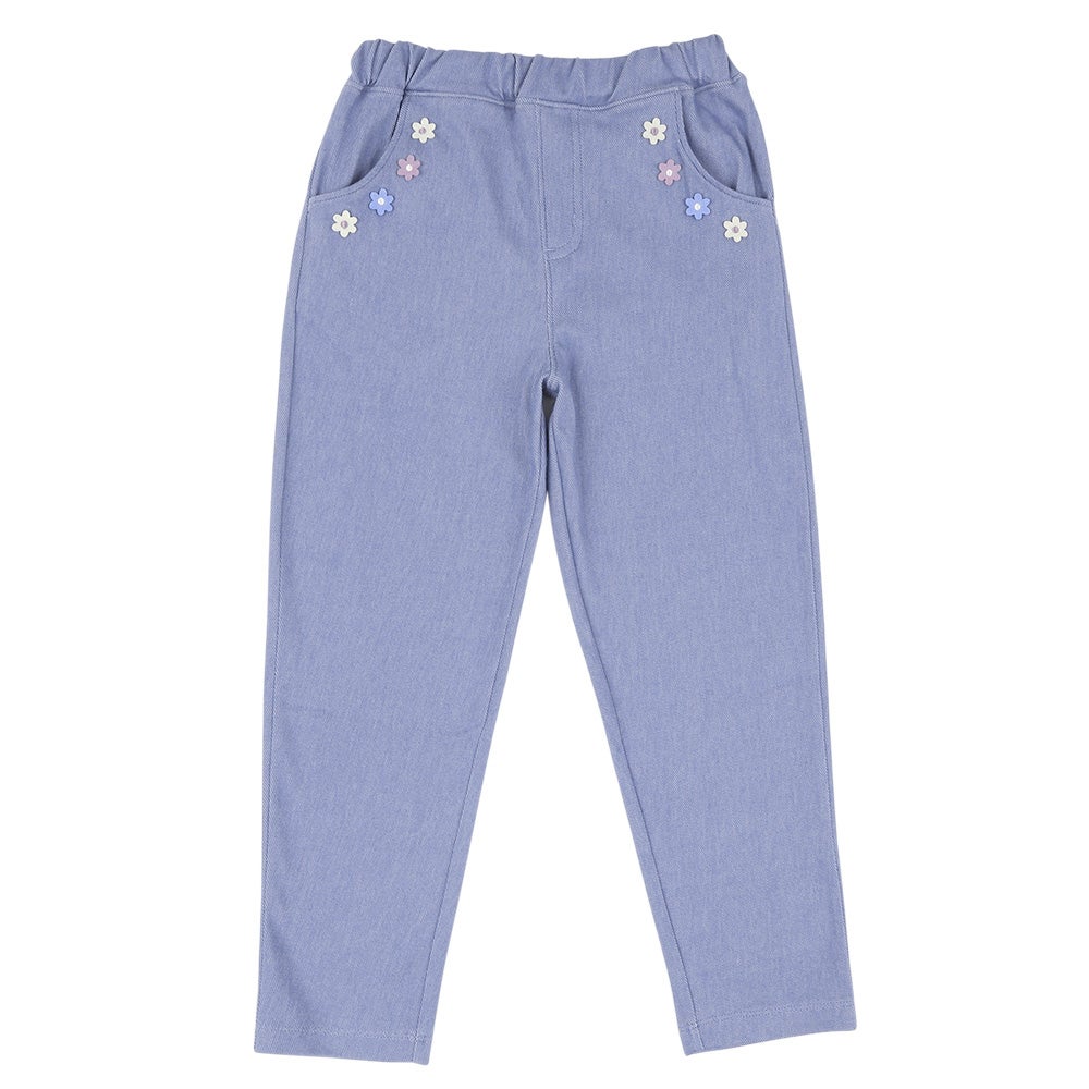 お花モチーフ ポケットつき ストレッチ デニムツイルパンツ Blue front