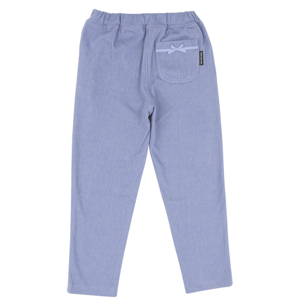 お花モチーフ ポケットつき ストレッチ デニムツイルパンツ Blue back