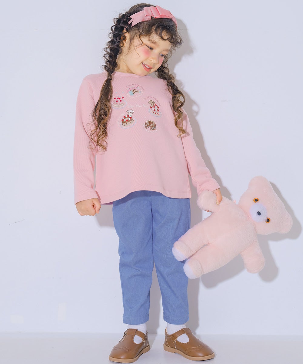 お花モチーフ ポケットつき ストレッチ デニムツイルパンツ Blue model image up