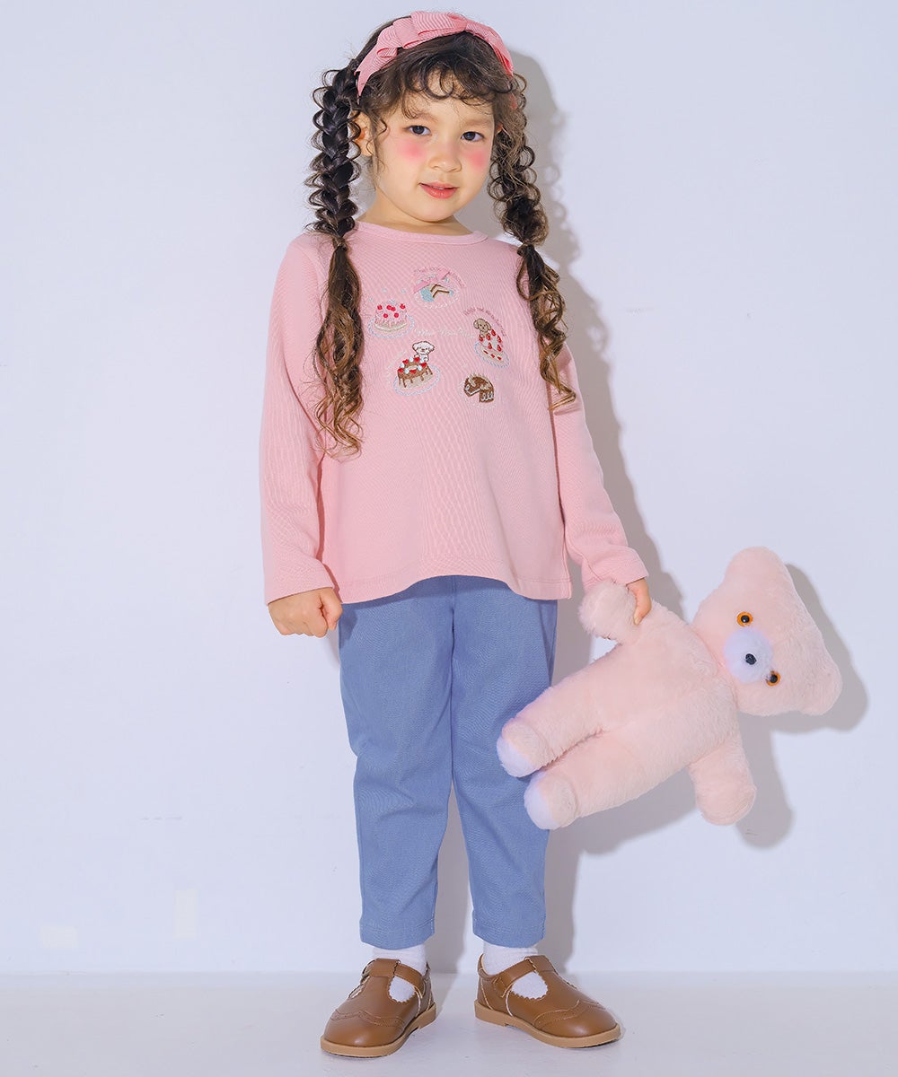 お花モチーフ ポケットつき ストレッチ デニムツイルパンツ Blue model image 1