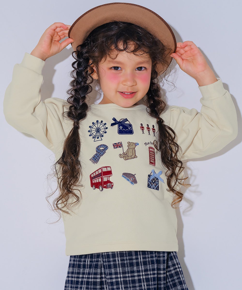 ロンドンモチーフ 刺繍 リボン 裏毛トレーナー Ivory model image up