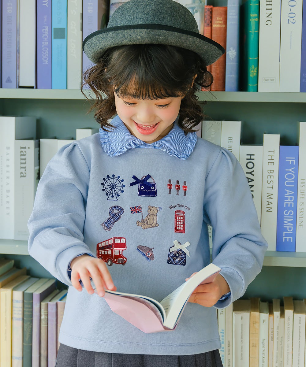 ロンドンモチーフ 刺繍 リボン 裏毛トレーナー Blue model image up