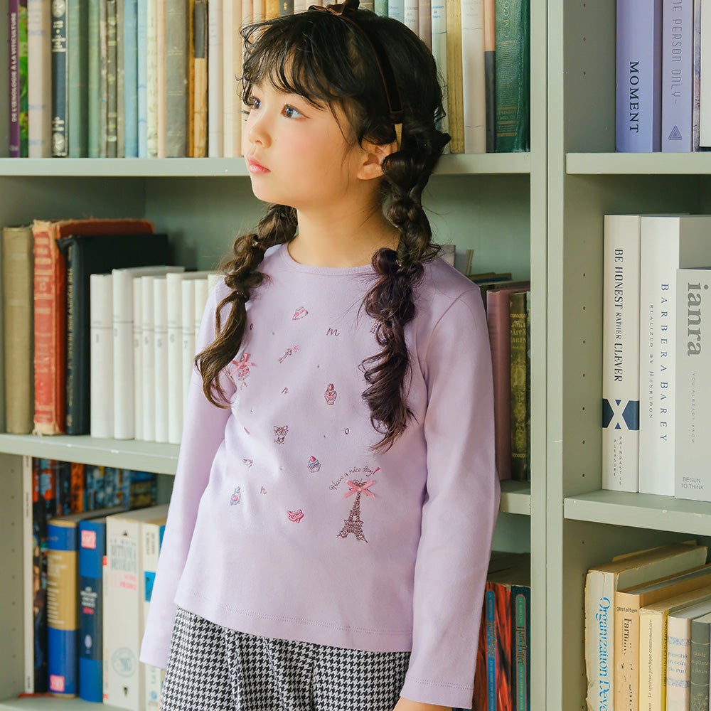 綿100％ パリモチーフ 刺繍 リボン 長そでTシャツ  MainImage