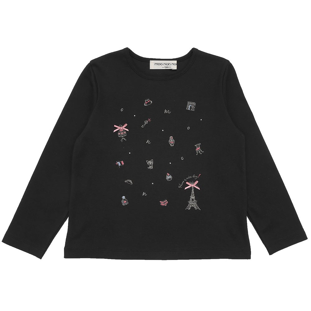 綿100％ パリモチーフ 刺繍 リボン 長そでTシャツ Black front