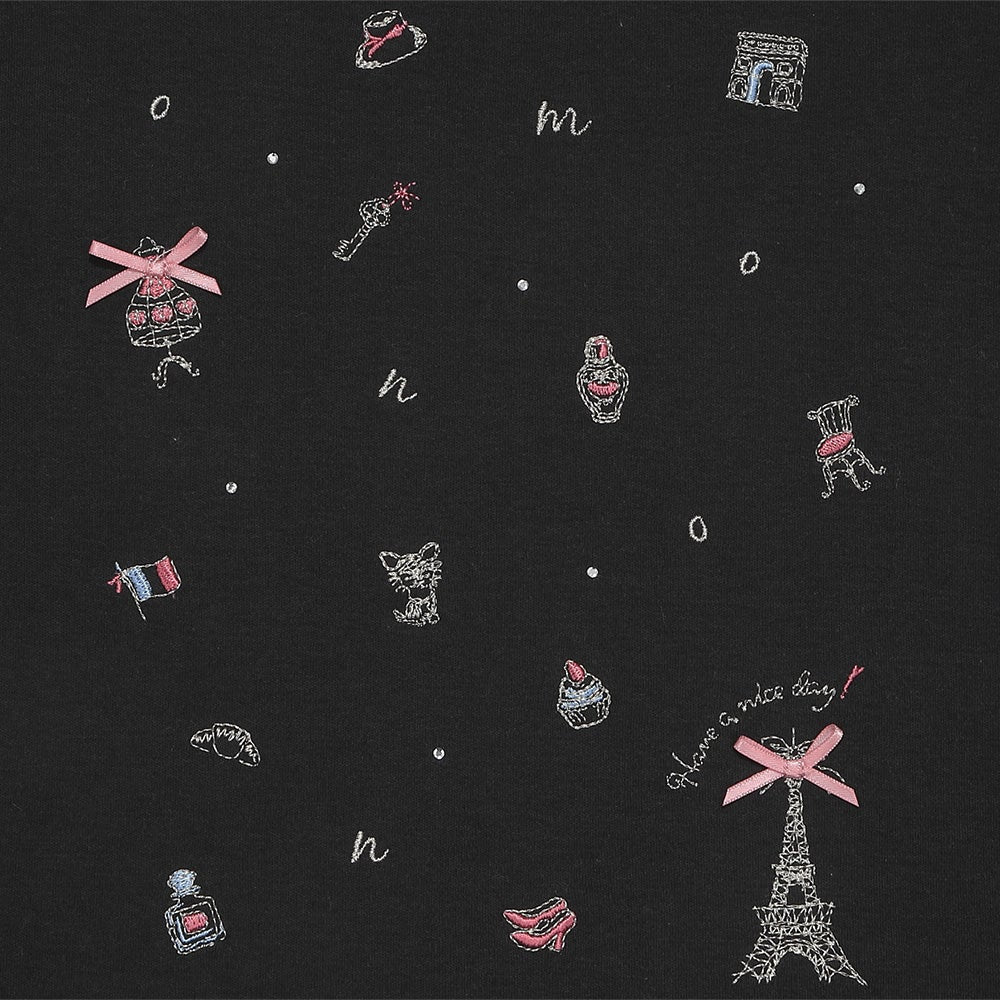 綿100％ パリモチーフ 刺繍 リボン 長そでTシャツ Black Design point 1