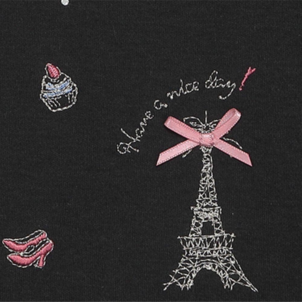 綿100％ パリモチーフ 刺繍 リボン 長そでTシャツ Black Design point 2