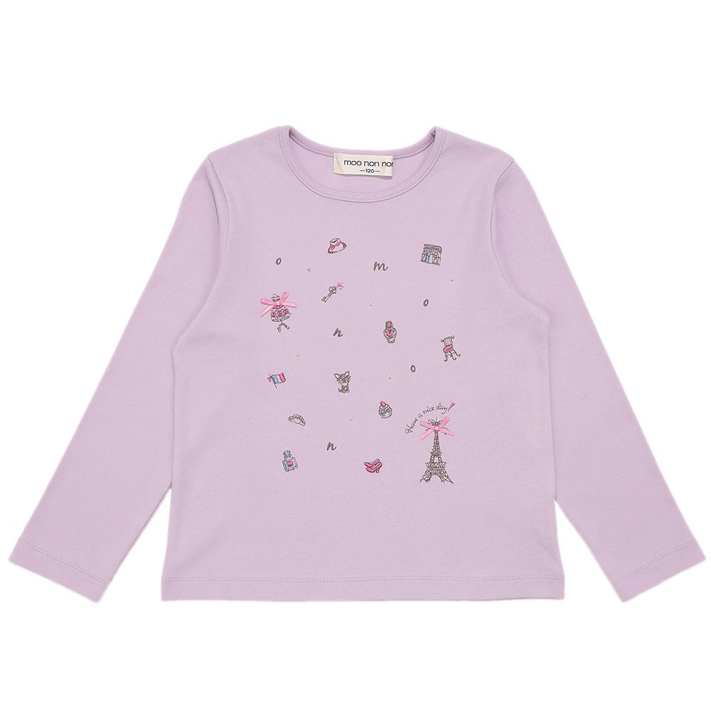 綿100％ パリモチーフ 刺繍 リボン 長そでTシャツ Purple front