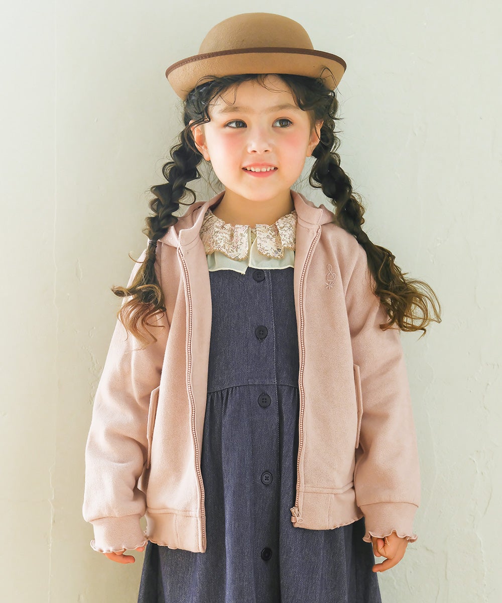 フード取り外し可能 音符刺繍 裏起毛パーカー Pink model image up