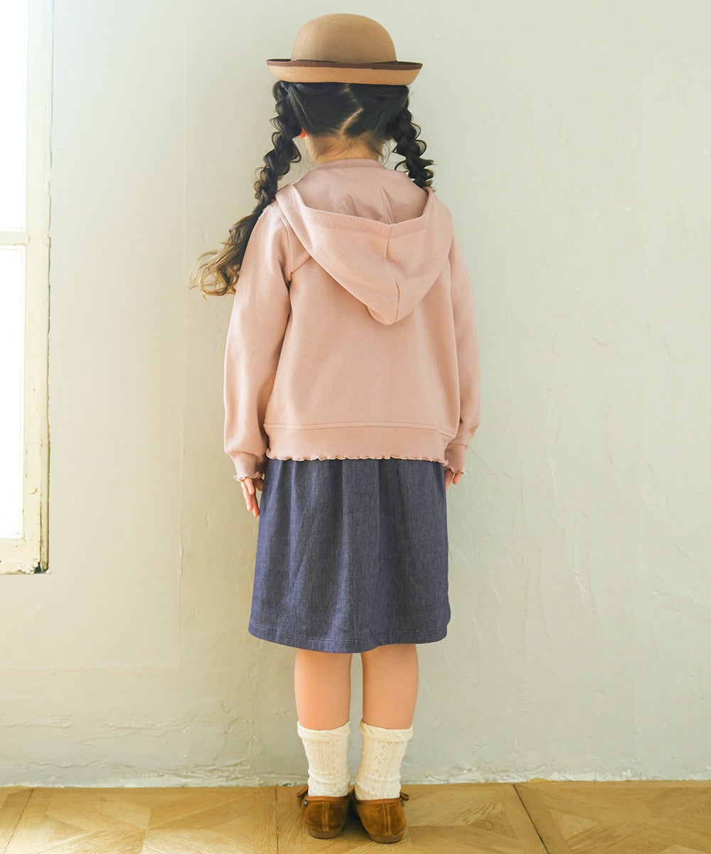 フード取り外し可能 音符刺繍 裏起毛パーカー Pink model image whole body