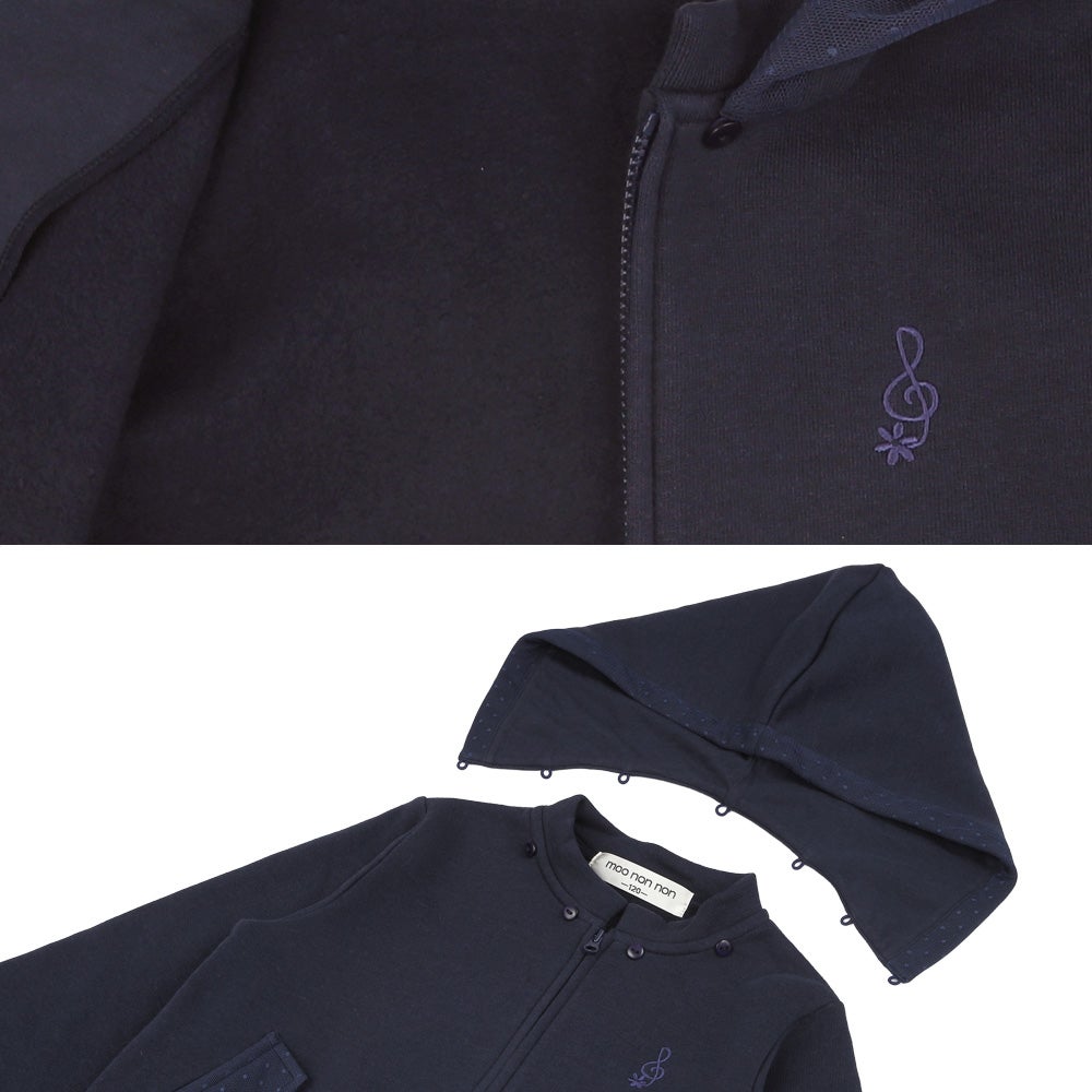 フード取り外し可能 音符刺繍 裏起毛パーカー Navy Design point 1