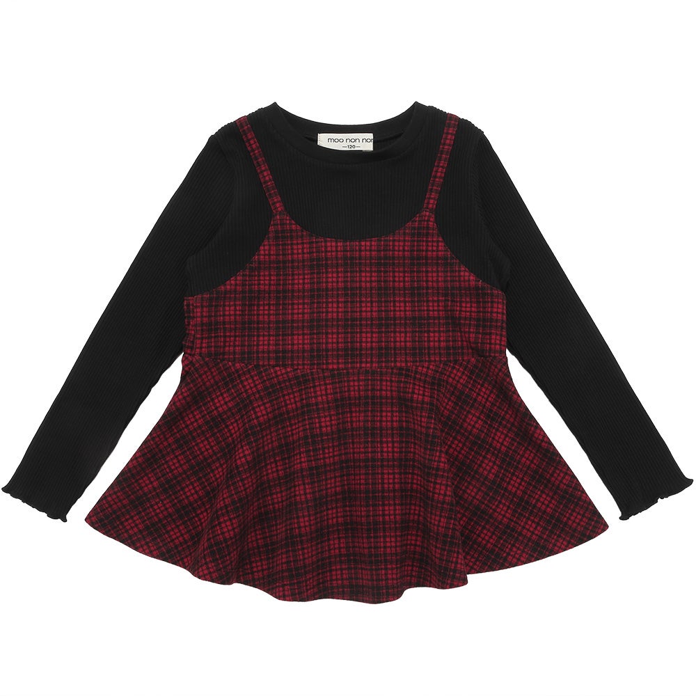 チェック柄キャミソール重ね着風 AラインTシャツ Red front