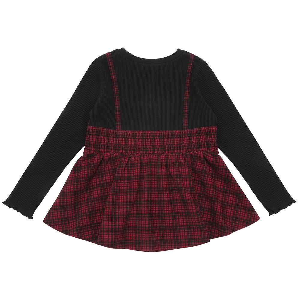 チェック柄キャミソール重ね着風 AラインTシャツ Red back