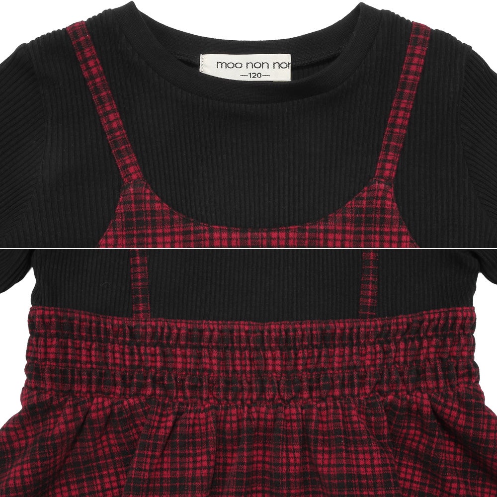 チェック柄キャミソール重ね着風 AラインTシャツ Red Design point 1