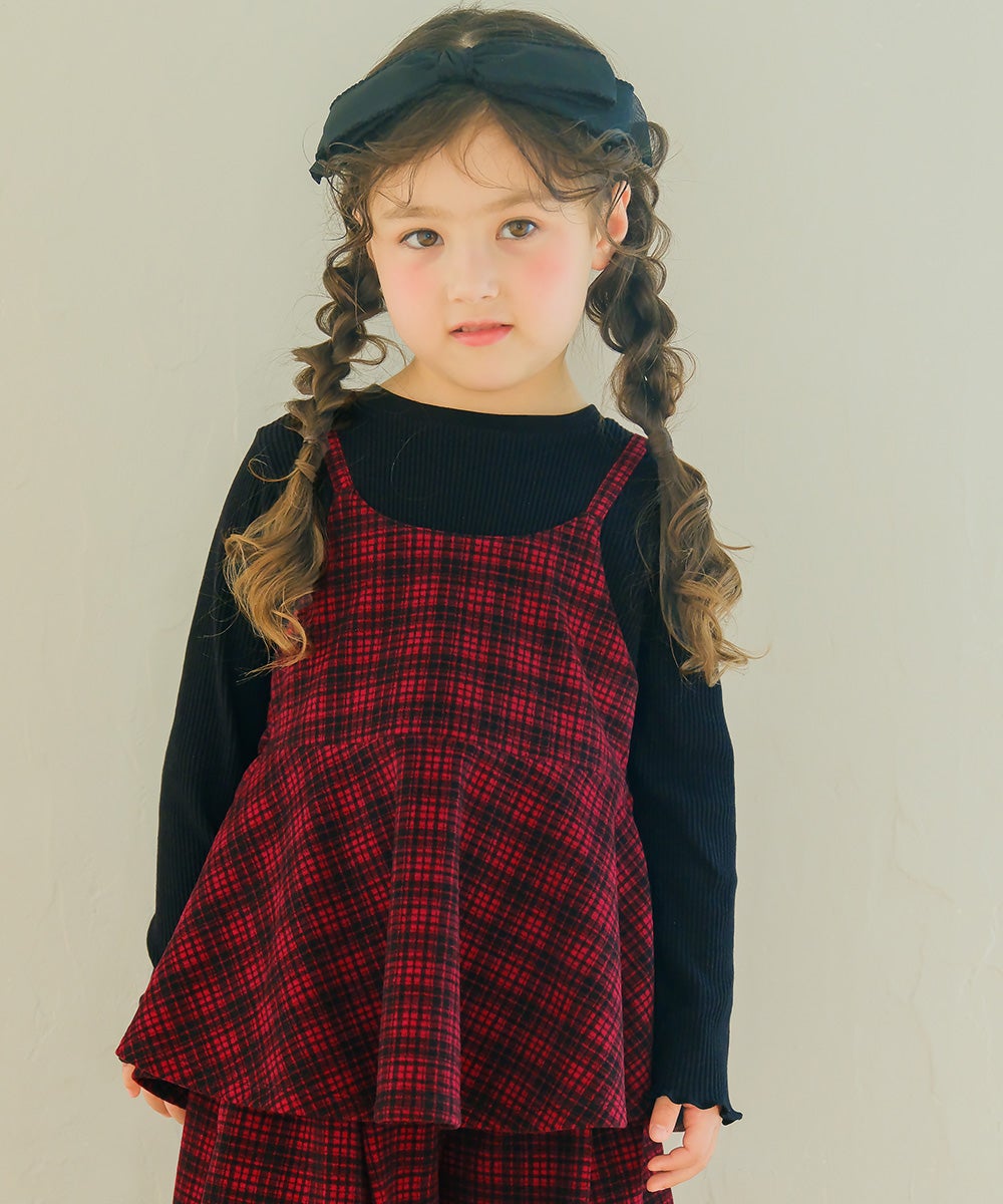 チェック柄キャミソール重ね着風 AラインTシャツ Red model image up