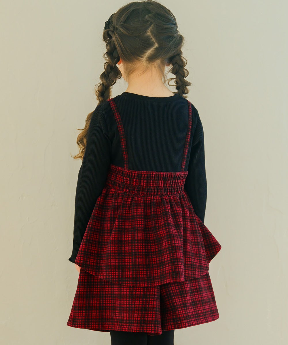 チェック柄キャミソール重ね着風 AラインTシャツ Red model image 3