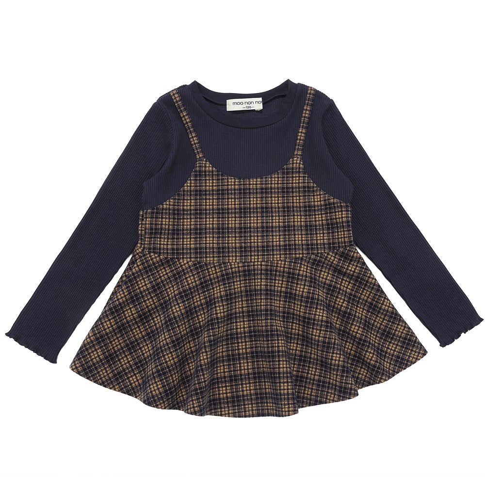 チェック柄キャミソール重ね着風 AラインTシャツ Navy front
