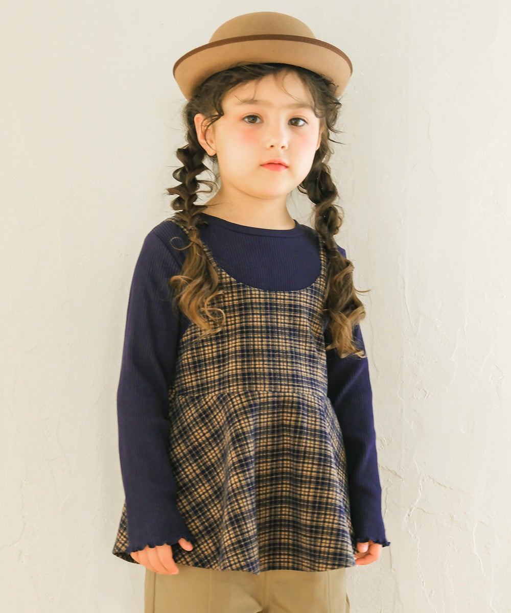 チェック柄キャミソール重ね着風 AラインTシャツ Navy model image up