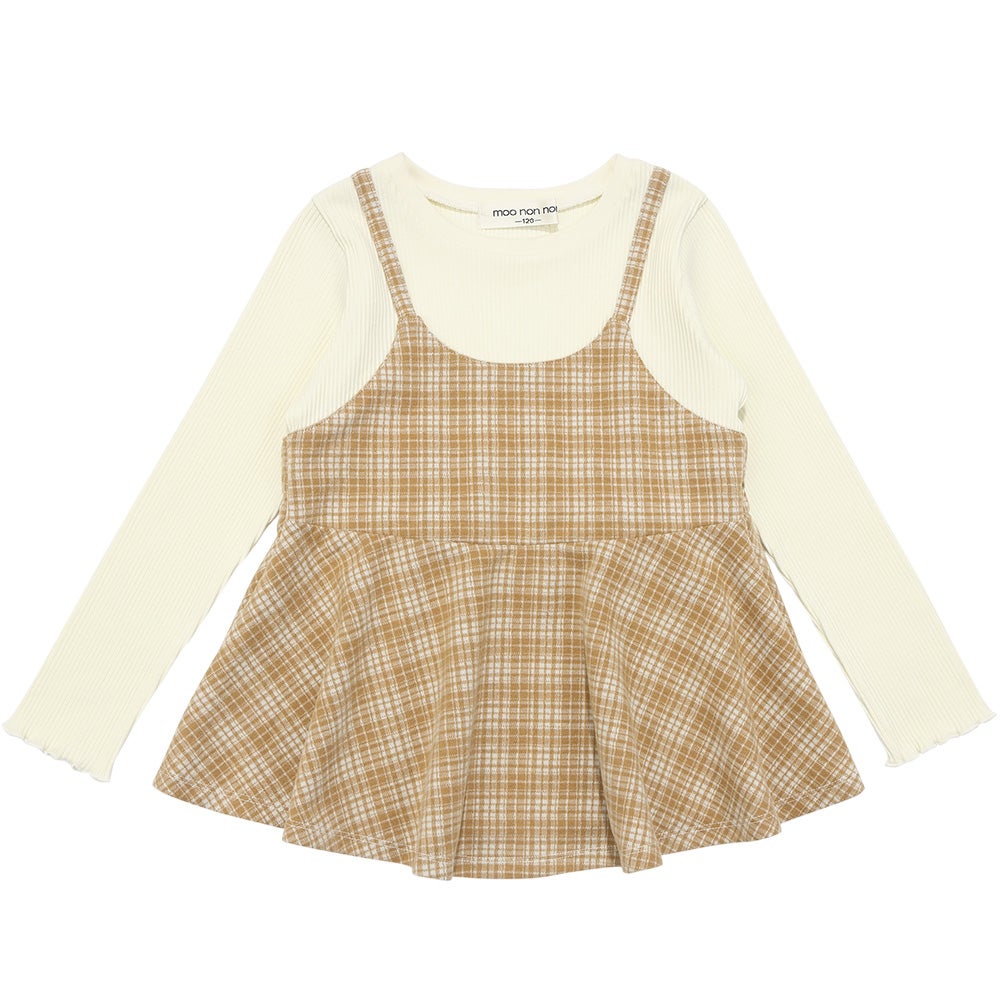 チェック柄キャミソール重ね着風 AラインTシャツ Beige front