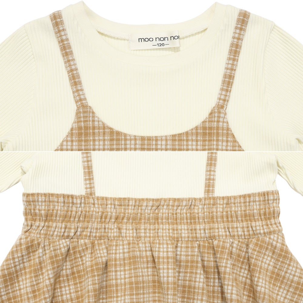 チェック柄キャミソール重ね着風 AラインTシャツ Beige Design point 1