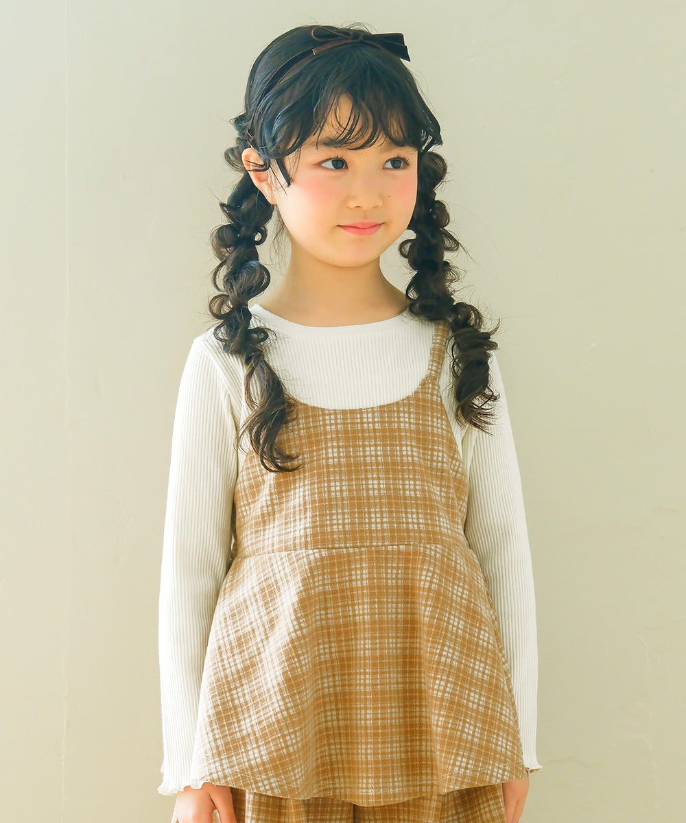 チェック柄キャミソール重ね着風 AラインTシャツ Beige model image up