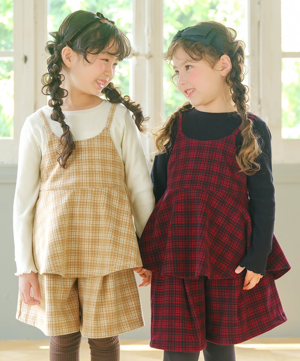 チェック柄キャミソール重ね着風 AラインTシャツ Beige model image 1