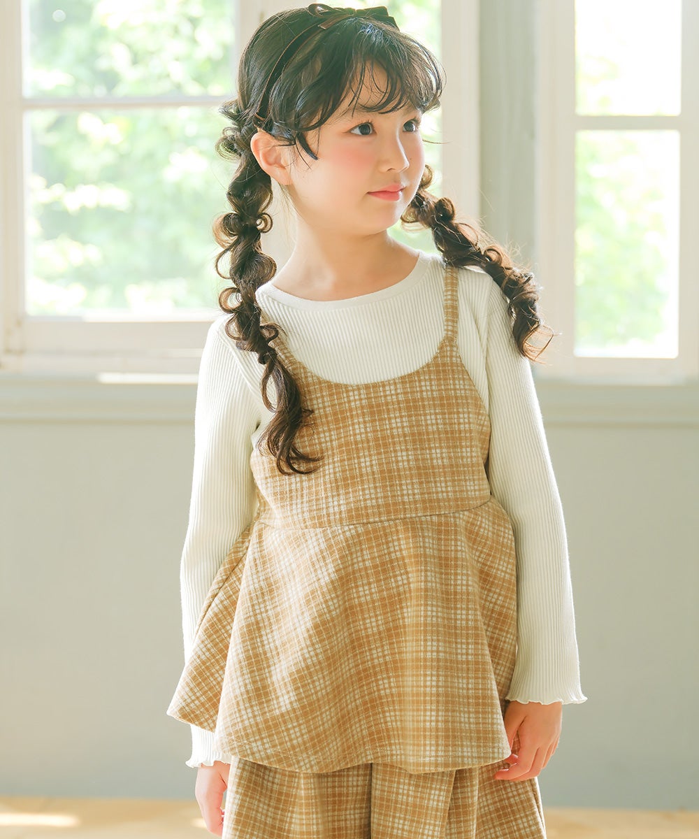 チェック柄キャミソール重ね着風 AラインTシャツ Beige model image 2