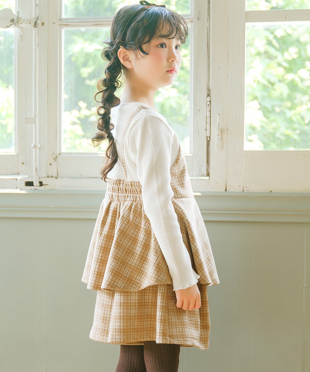 チェック柄キャミソール重ね着風 AラインTシャツ Beige model image 3