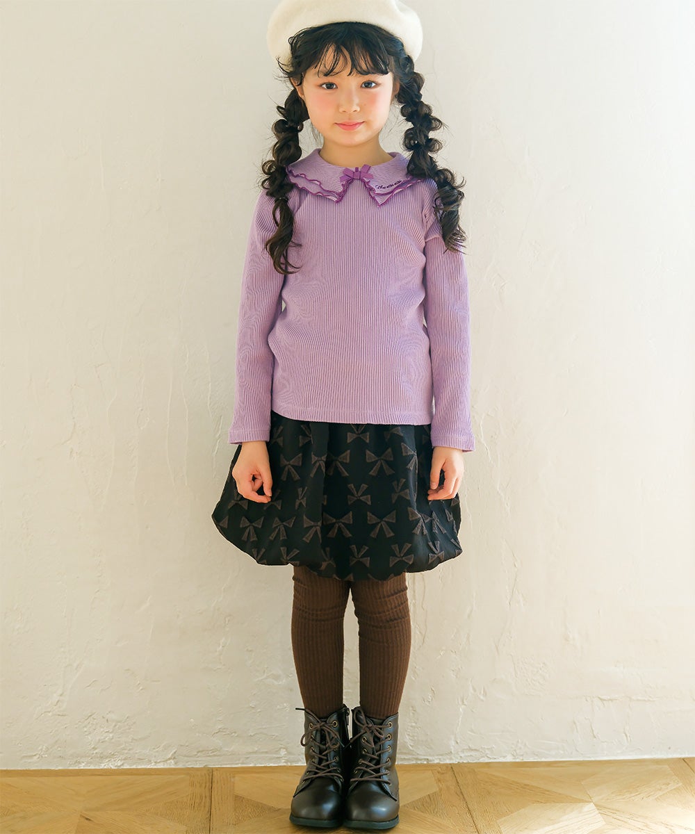 リボン柄 インパンツ付き バルーンスカート Black model image whole body