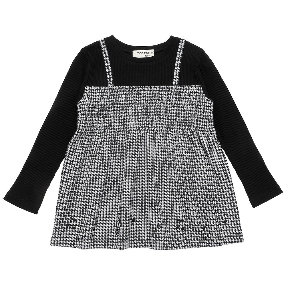 千鳥柄 キャミソール重ね着風 音符刺繍 AラインTシャツ White/Black front
