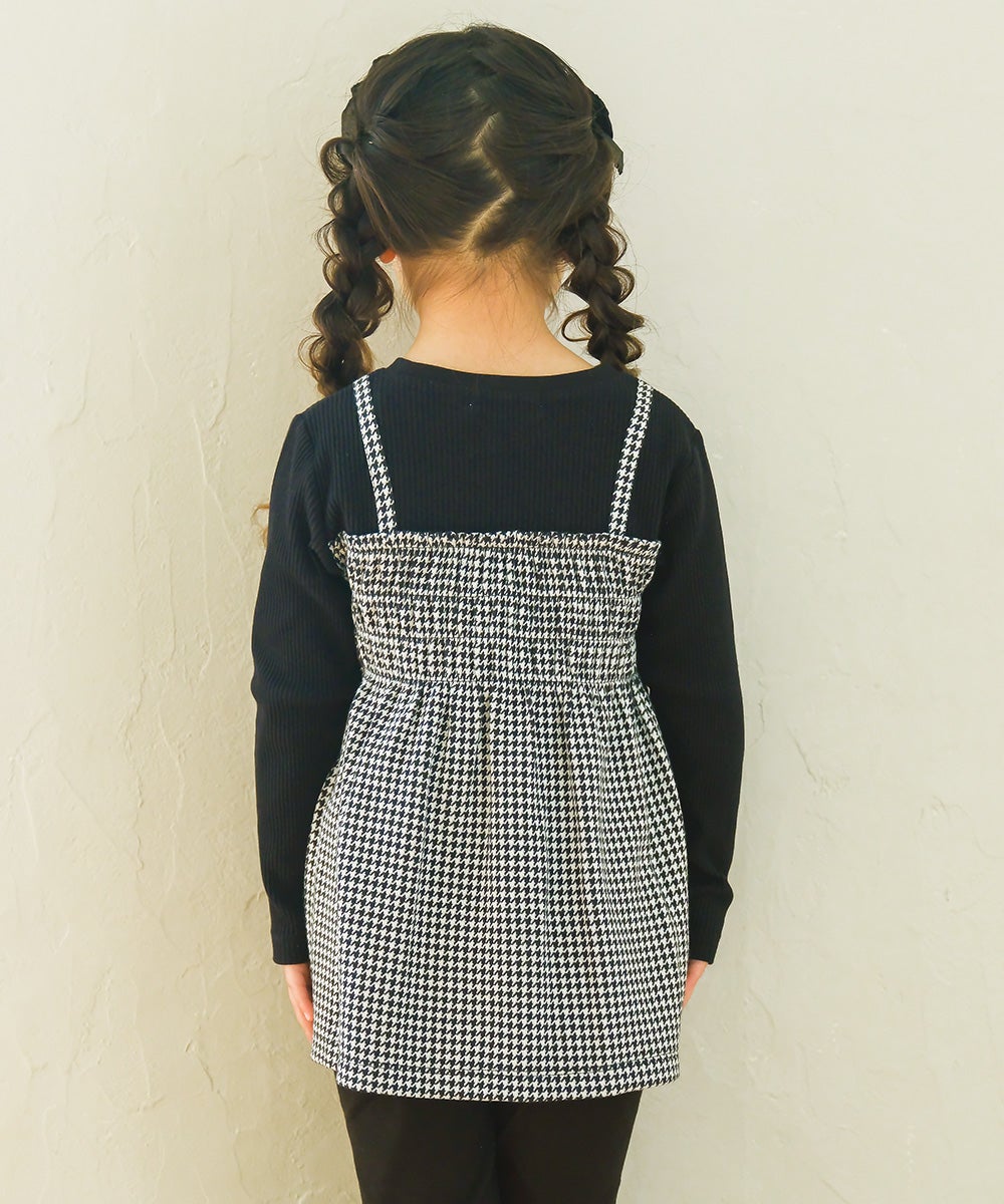 千鳥柄 キャミソール重ね着風 音符刺繍 AラインTシャツ White/Black model image 3
