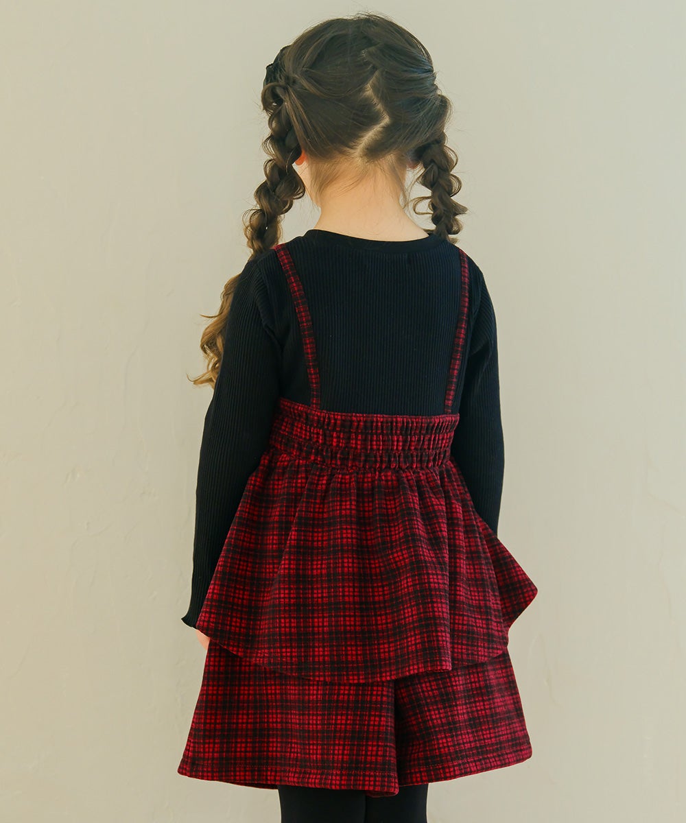 チェック柄 タック キュロットパンツ Red model image whole body