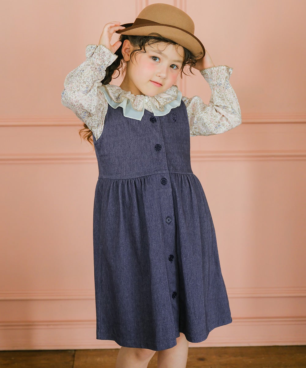 デニムツイルニット 音符 ロゴ刺繍 ボタン開き ワンピース Navy model image up