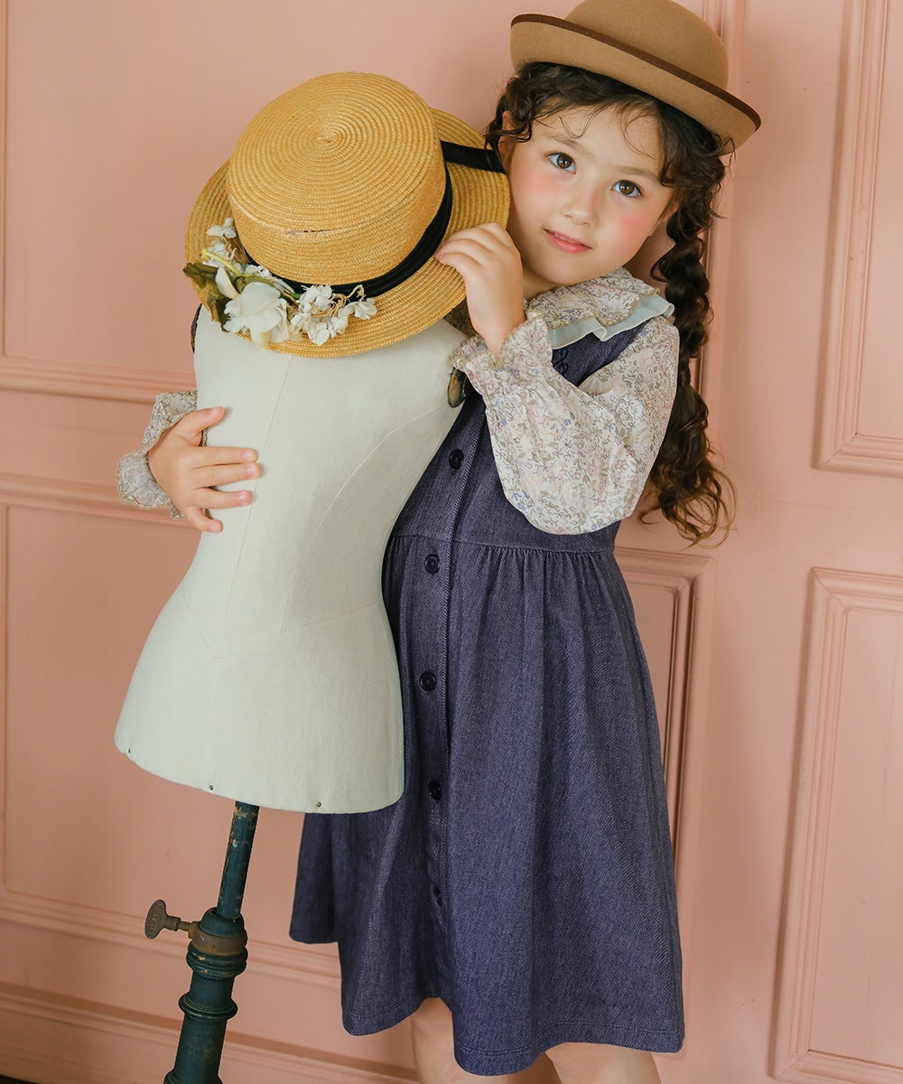 デニムツイルニット 音符 ロゴ刺繍 ボタン開き ワンピース Navy model image 1
