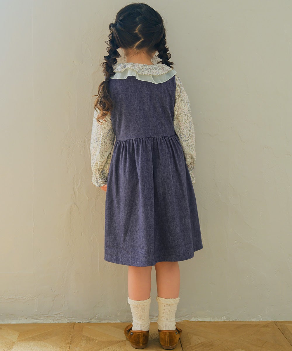 デニムツイルニット 音符 ロゴ刺繍 ボタン開き ワンピース Navy model image 3