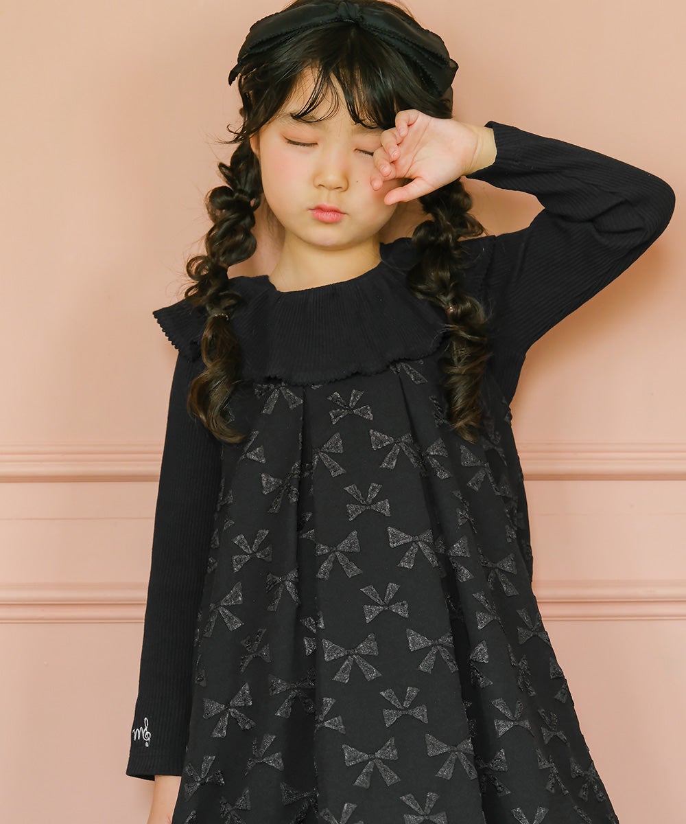 フリル 襟つき 音符 刺繍 リブカットソー Black model image up