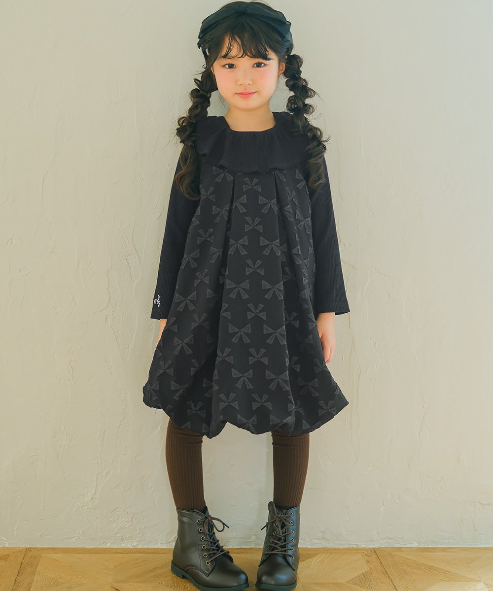 フリル 襟つき 音符 刺繍 リブカットソー Black model image 1