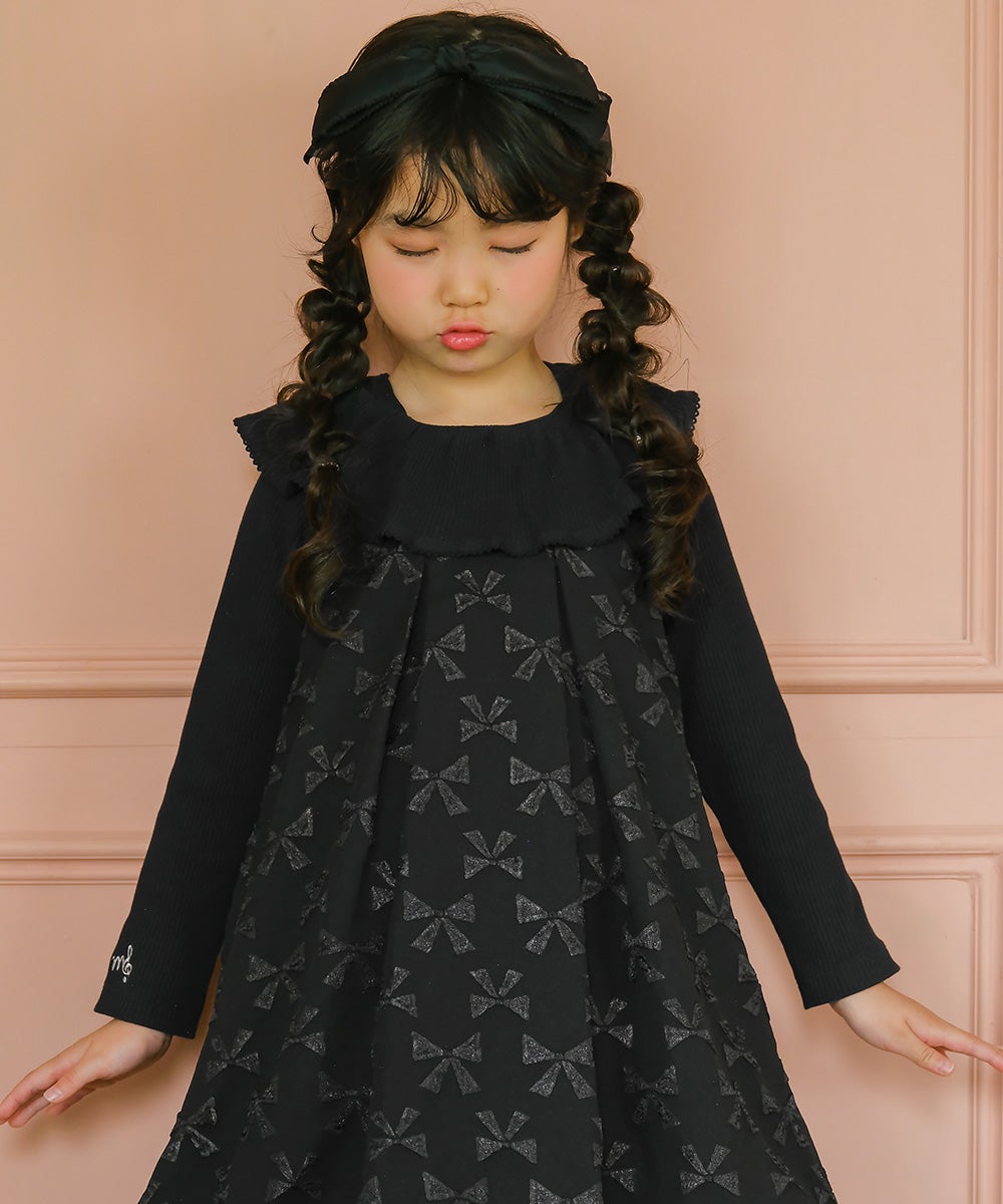 フリル 襟つき 音符 刺繍 リブカットソー Black model image 3